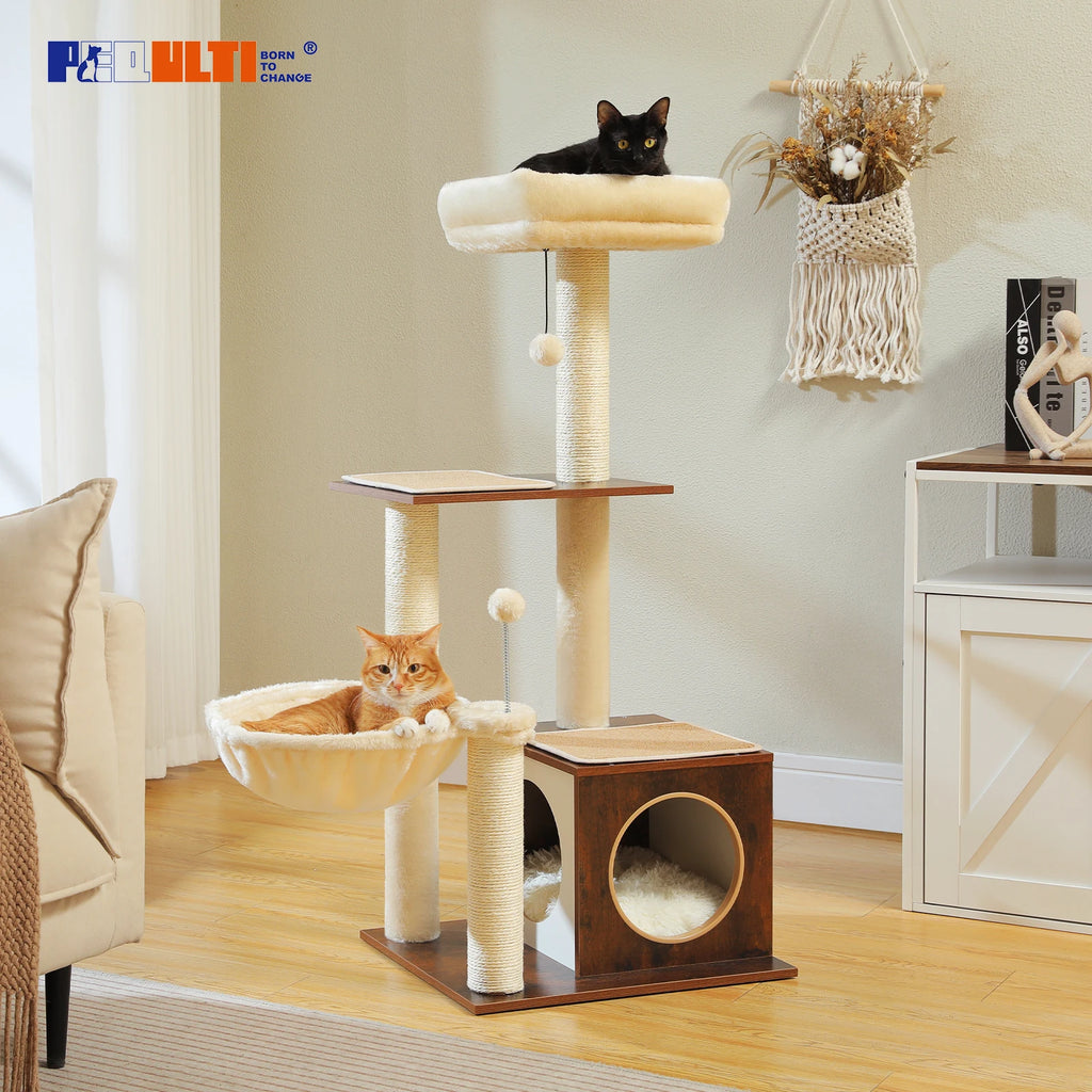 Modern Wooden Cat Tree with Condo, Hammock & Scratching Posts for Indoor Cats