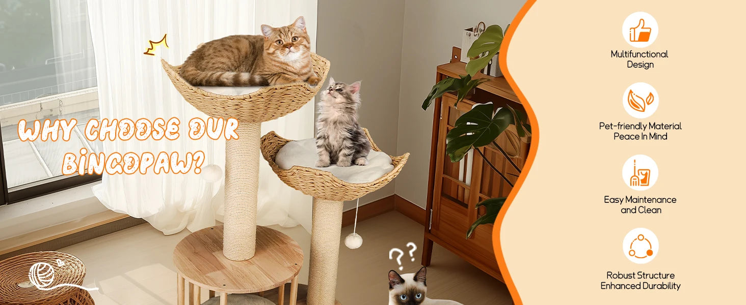 3-Tier Natural Wood Climbing & Rest Tower for Indoor Cats