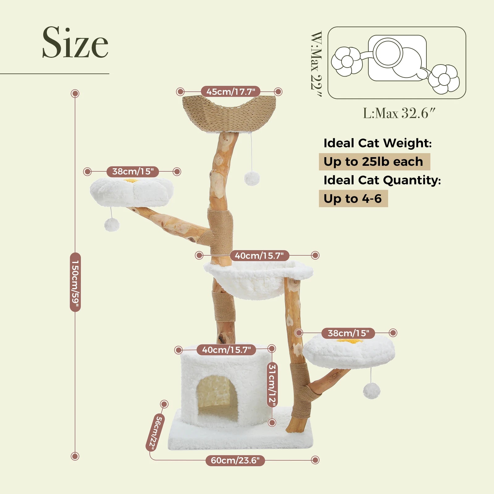 Luxury Multi-Level Flower Cat Tree Tower with Wicker Basket Bed & Solid Wood Scratching Posts