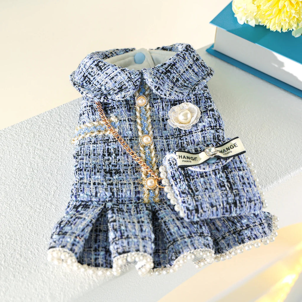 Blue Tweed Pet Dress with Mini Backpack