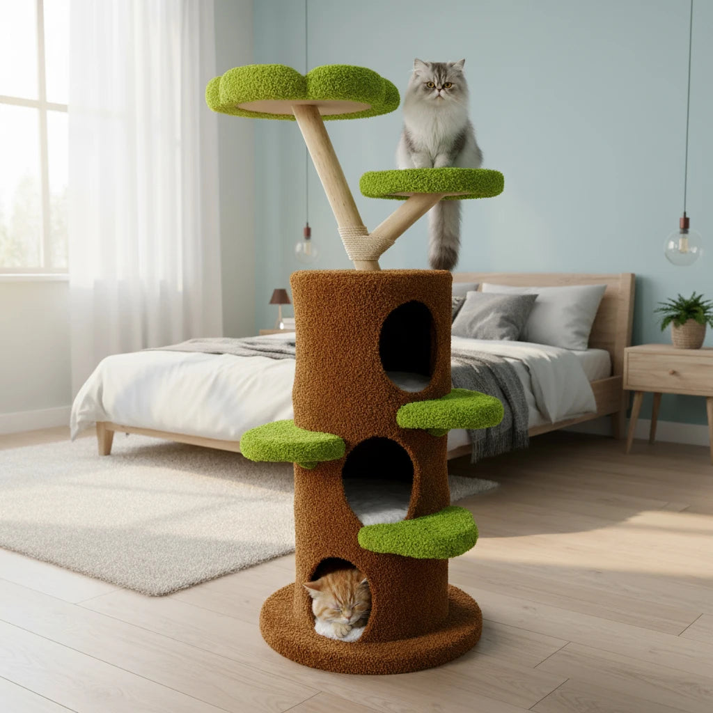 BINGOPAW 58” Tall Cat Activity Tree (Flower Platforms + Plush Condo + Sisal Scratcher)