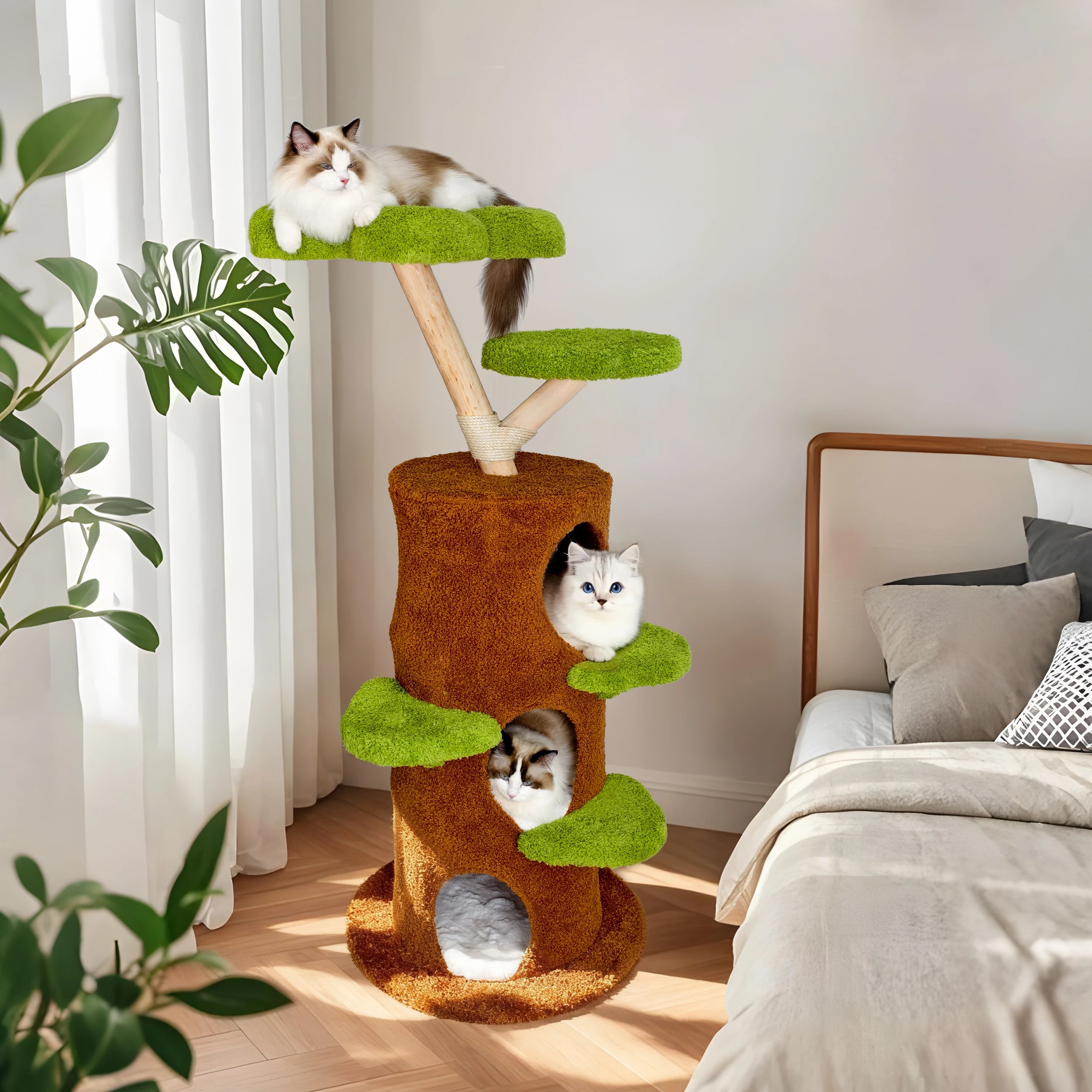 BINGOPAW 58” Tall Cat Activity Tree (Flower Platforms + Plush Condo + Sisal Scratcher)