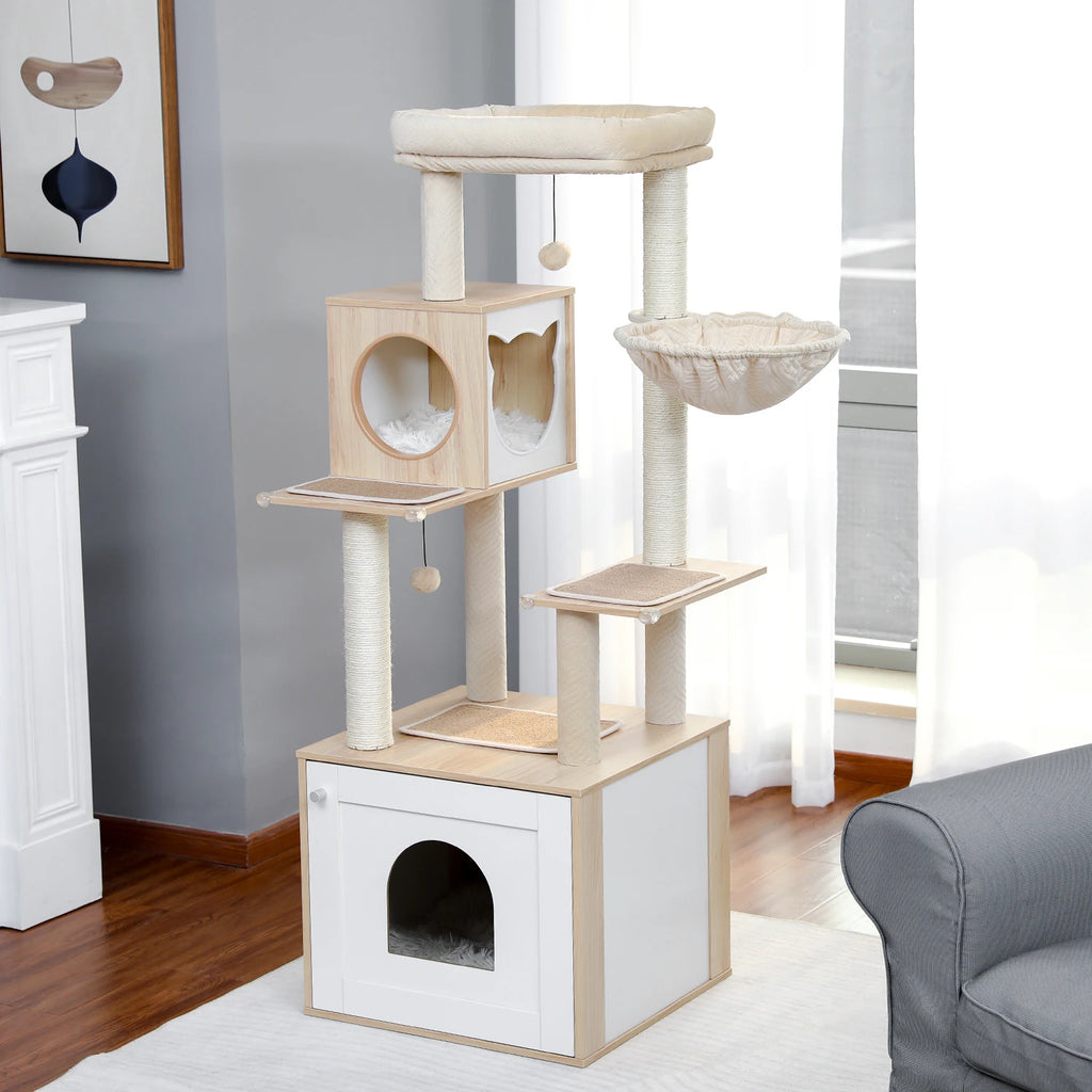 Multi-Level Wooden Cat Tree Tower with Condo, Hammock & Scratching Posts