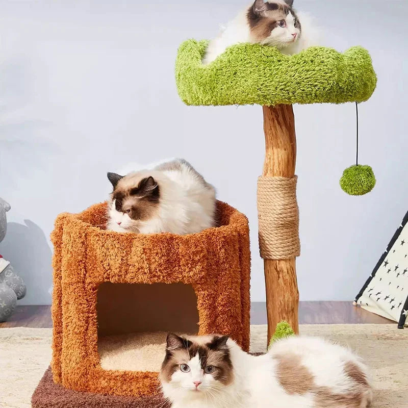 Nordic Forest Cat Tower Playground (Wood Look, Condo Hideouts + Scratching Posts)