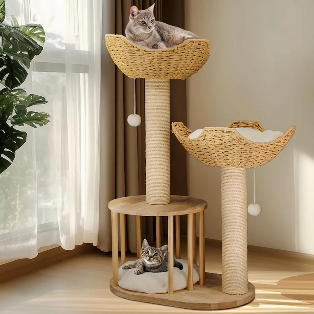 3-Tier Natural Wood Climbing & Rest Tower for Indoor Cats
