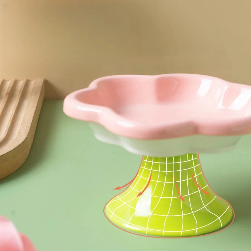 Ceramic Flower Raised Cat Bowl with Stand