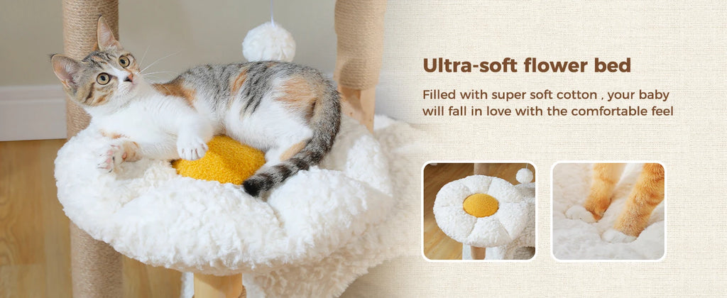 Modern White Cat Tree Tower (Flower Bed + Hammock + Condo) – 123cm