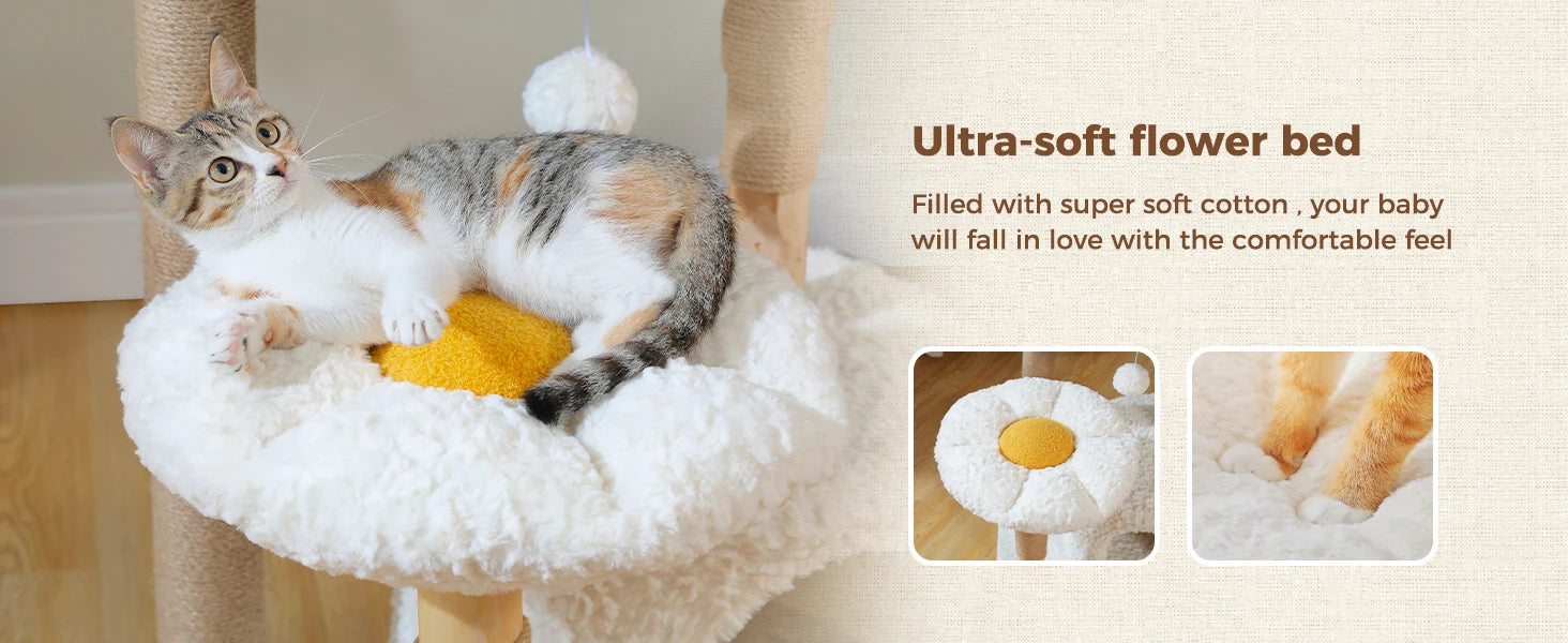 Modern White Cat Tree Tower (Flower Bed + Hammock + Condo) – 123cm