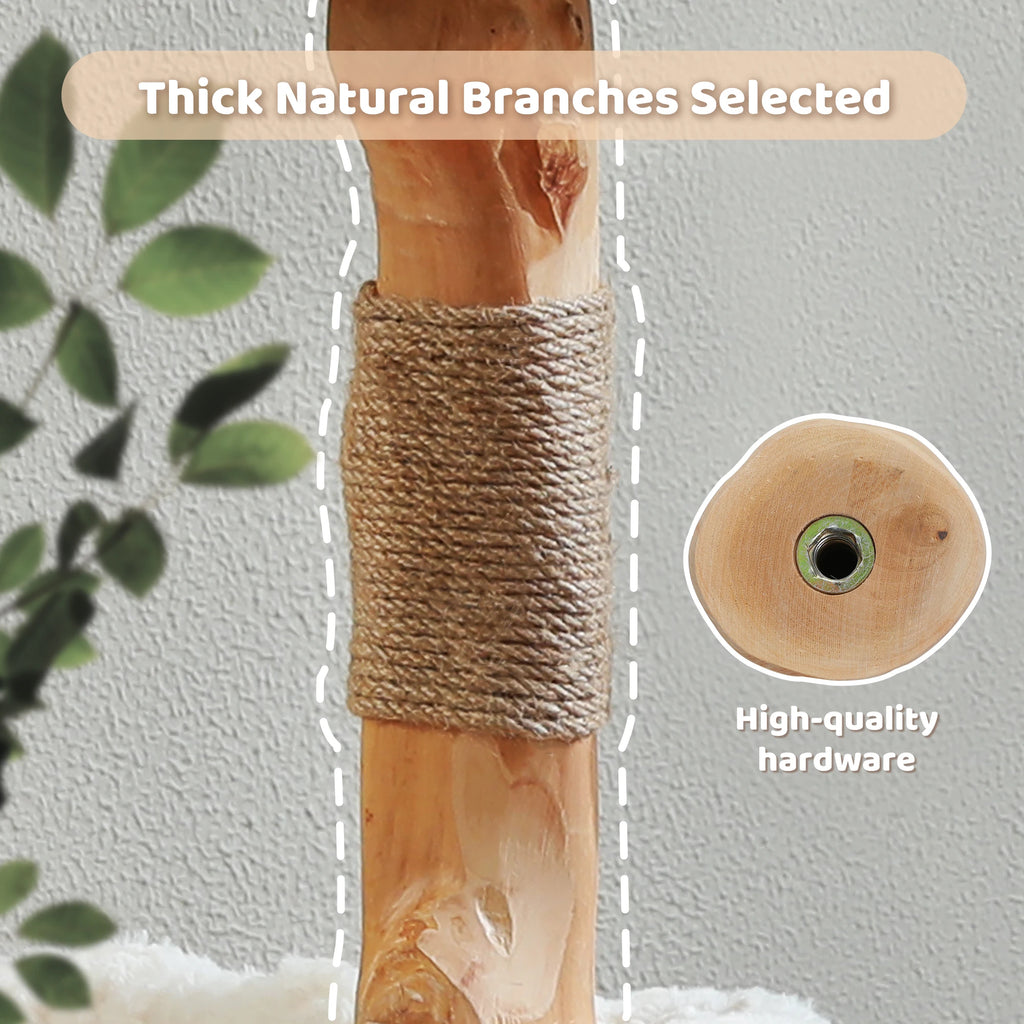 Modern Natural Wood Cat Tree with Wicker Basket & Deep Hammock – Luxury Indoor Cat Tower with Spacious Condo