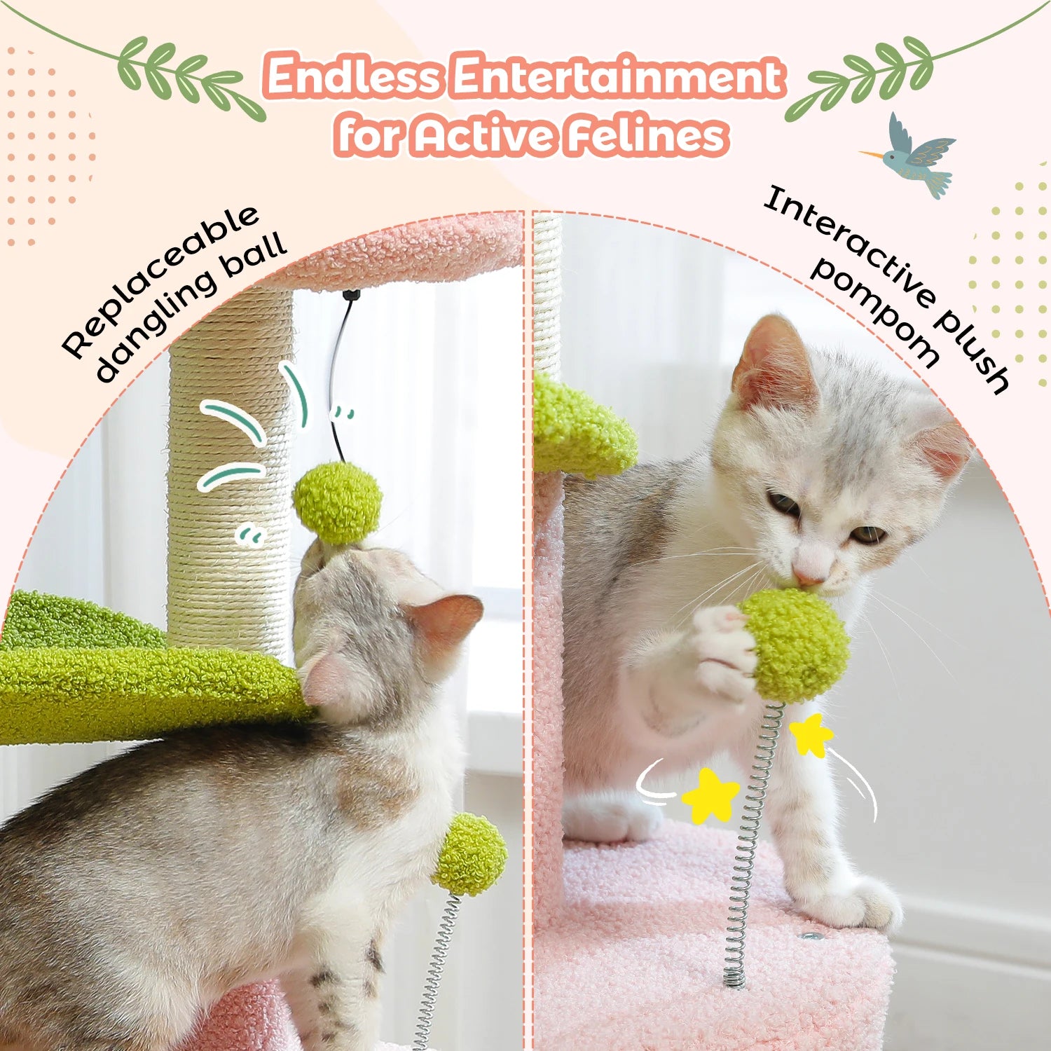 Flower Cat Tree Tower (84cm) – Condo, Sisal Scratching Posts, Plush Perches & Hanging Balls