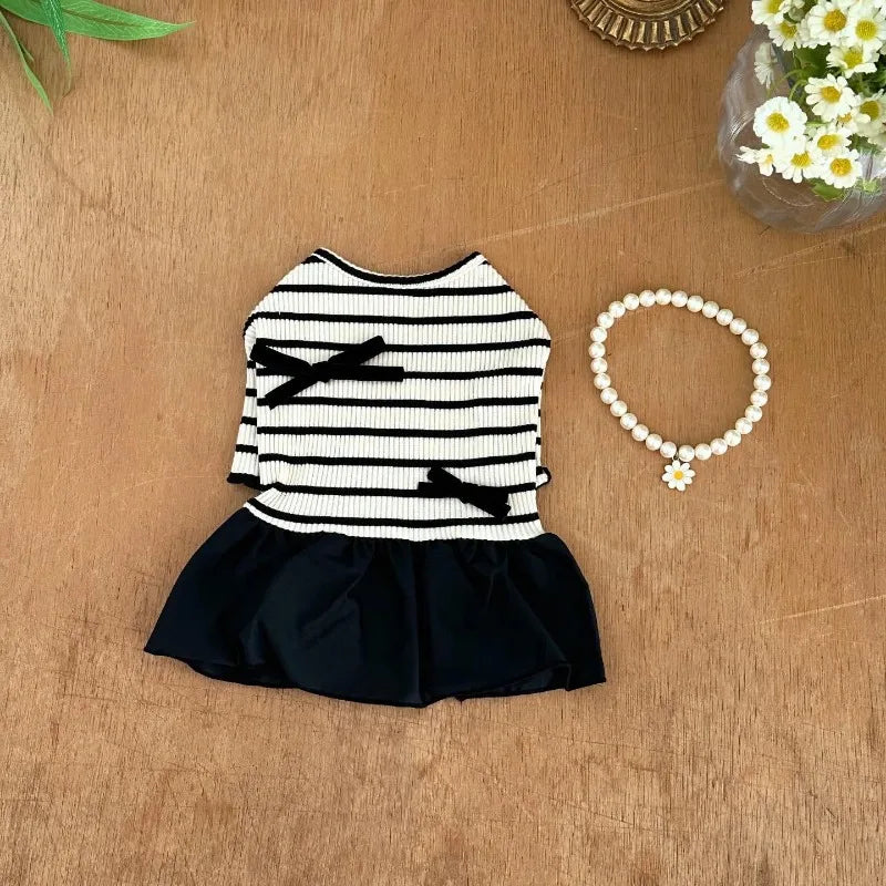 Stripe Bow Princess Pet Dress (Black & White Summer Outfit for Small Dogs) 🎀🖤🤍