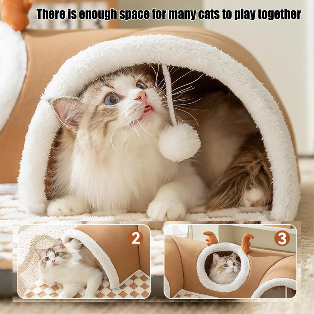Cozy Cat Tunnel Bed (Corner-Fit) – Warm U-Shaped Hideout w/ Peek Holes & Hanging Balls, Removable Reversible Mat
