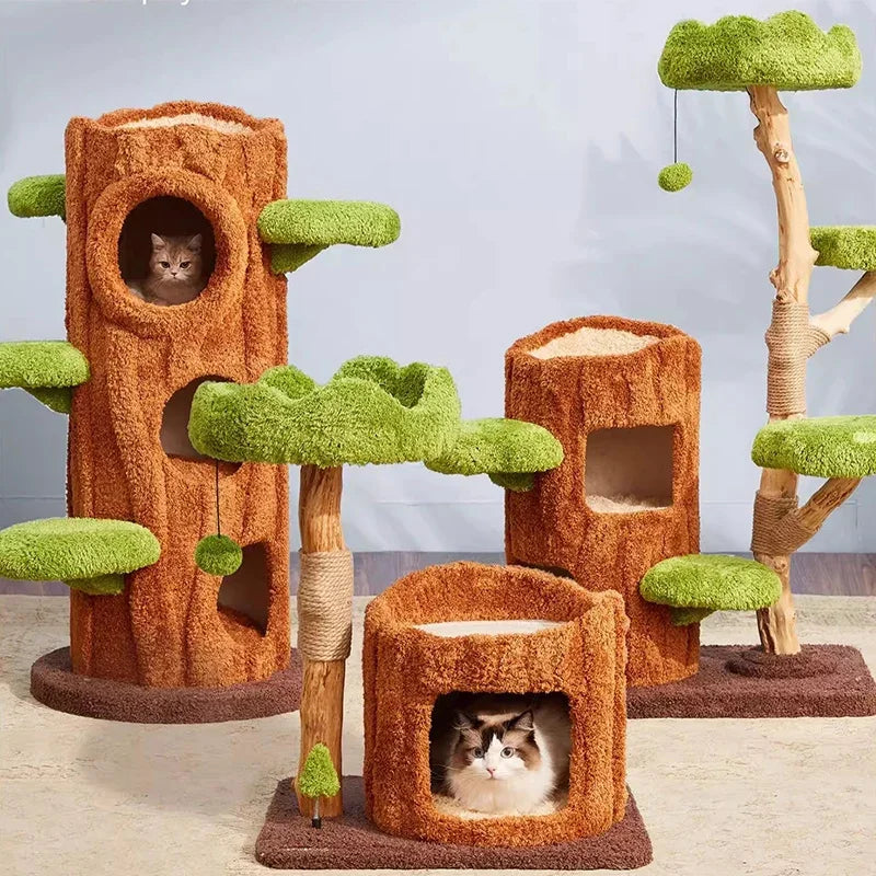 Nordic Forest Cat Tower Playground (Wood Look, Condo Hideouts + Scratching Posts)