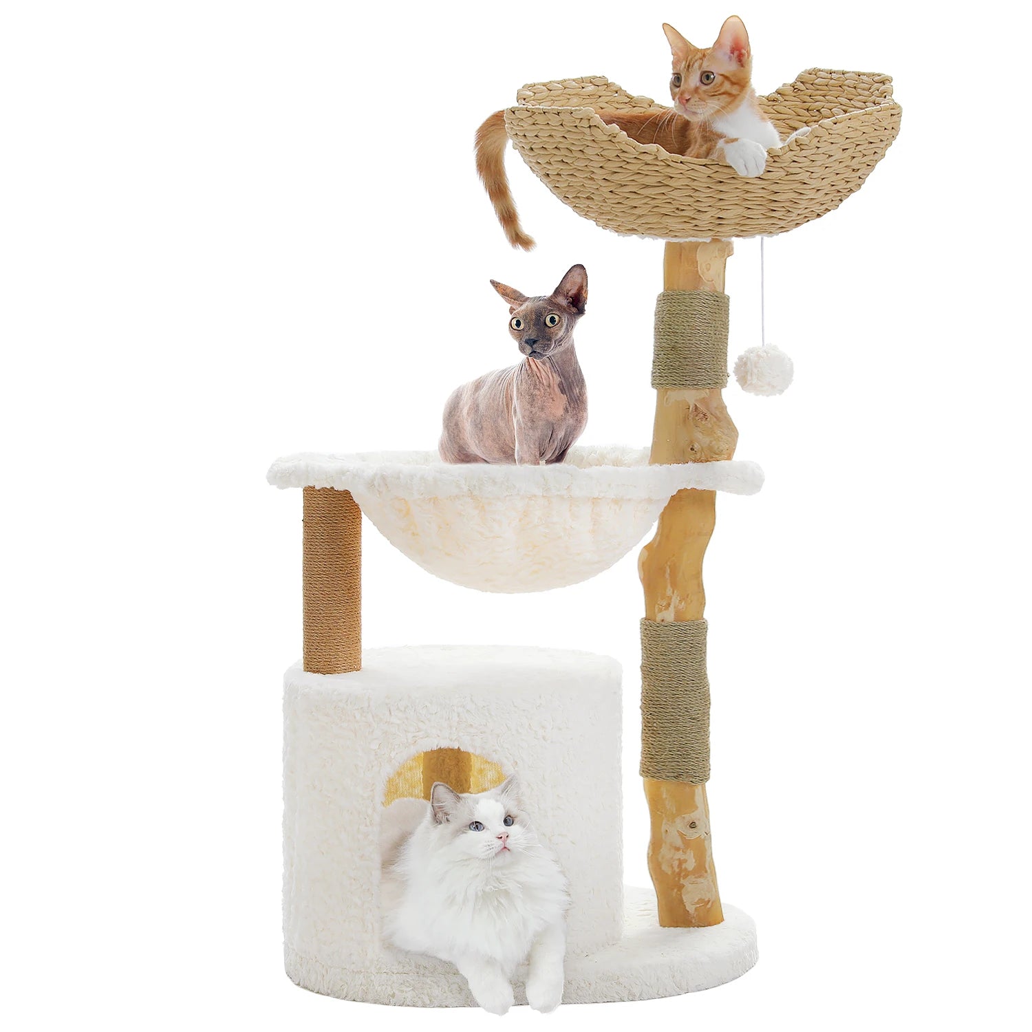Modern Natural Wood Cat Tree with Wicker Basket & Deep Hammock – Luxury Indoor Cat Tower with Spacious Condo