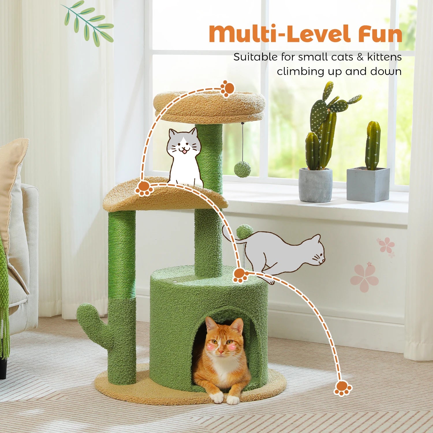 Flower Cat Tree Tower (84cm) – Condo, Sisal Scratching Posts, Plush Perches & Hanging Balls