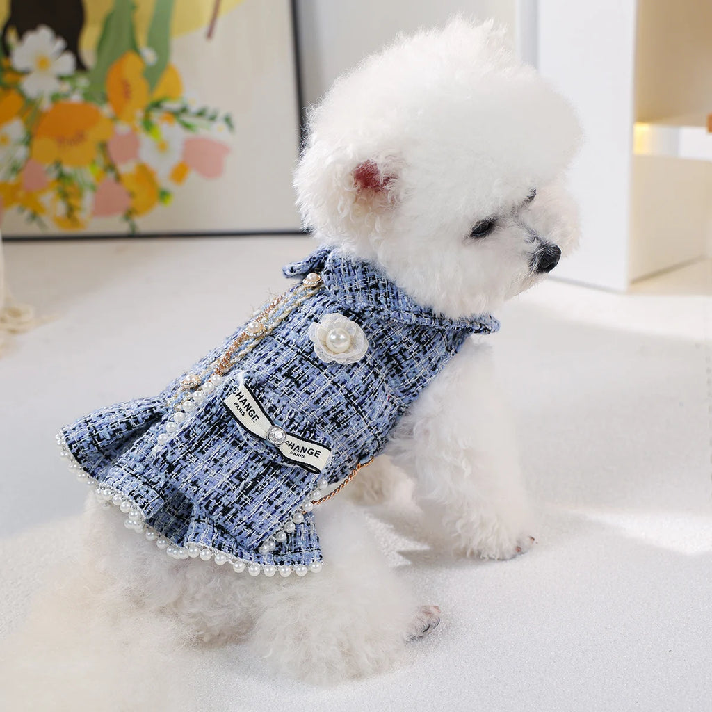 Blue Tweed Pet Dress with Mini Backpack