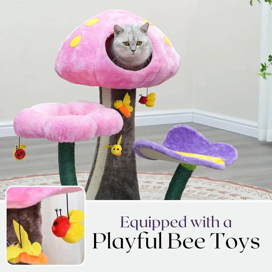 Wonderland Mushroom Cat Tree (31") – 3-Level Tower w/ Mushroom Condo, Flower Perch, Sisal Scratching Pad & Hanging Bee Toy