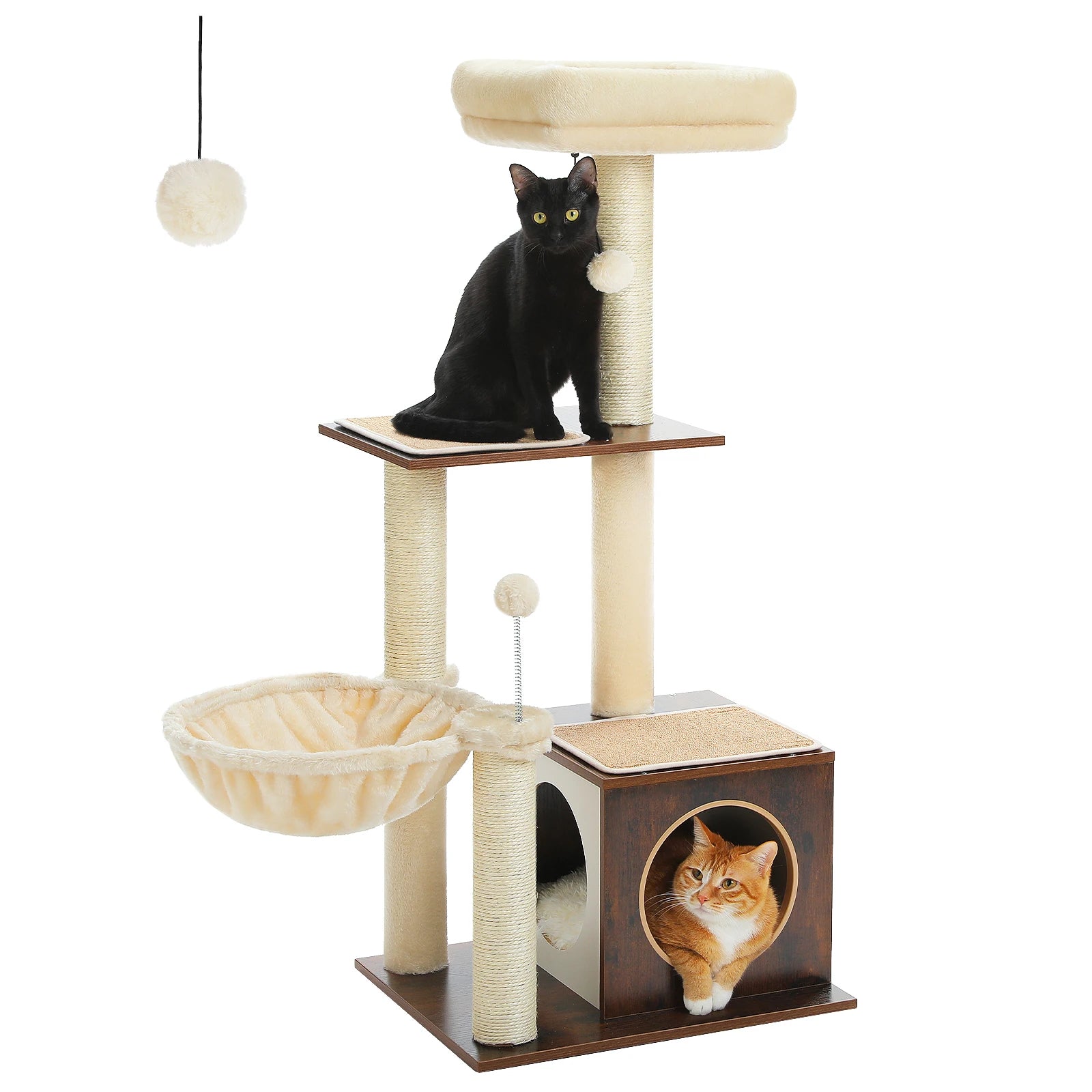 Modern Wooden Cat Tree with Condo, Hammock & Scratching Posts for Indoor Cats