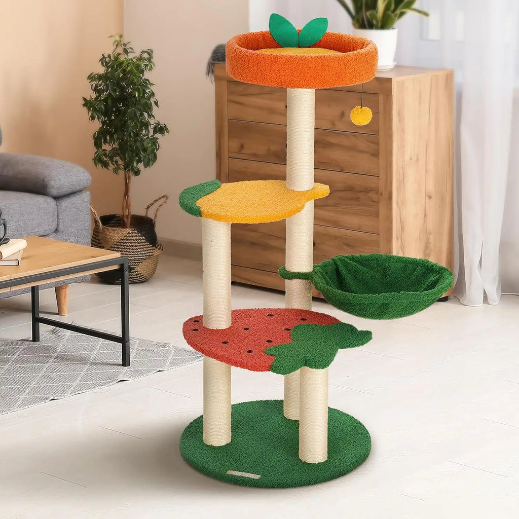 Fruit World Cat Tree Tower (40.5") – Strawberry Plush Perches, Cozy Basket Hammock & Sisal Scratching Posts