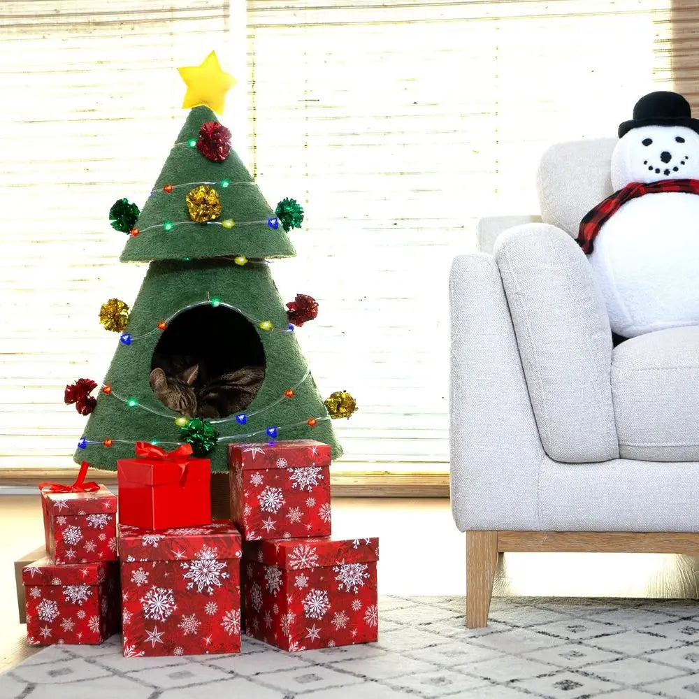 Cat-Friendly Christmas Tree Cat Tower (40” Tall, LED Lights, Scratch & Cozy Cushion)
