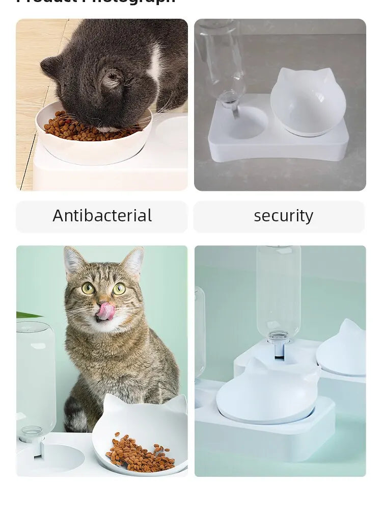 Ergonomic Tilted Cat Food & Water Bowl with Gravity Water Dispenser