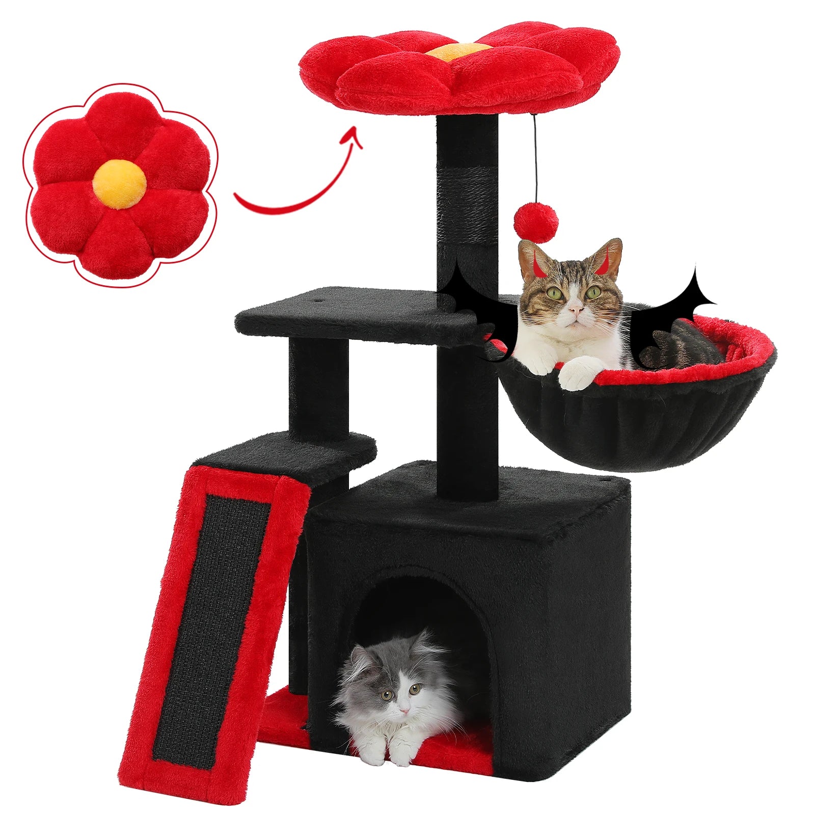 Small Cat Tree Tower with Sisal Scratching Ramp, Condo, Hammock & Top Perch