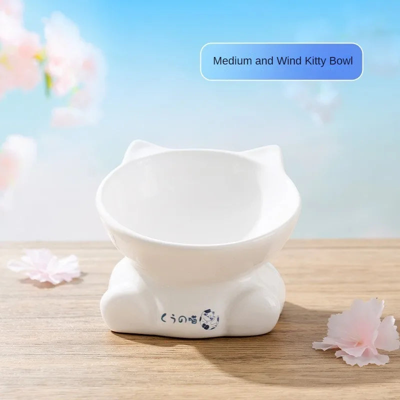 Japanese-Style Elevated Ceramic Double Cat Bowl