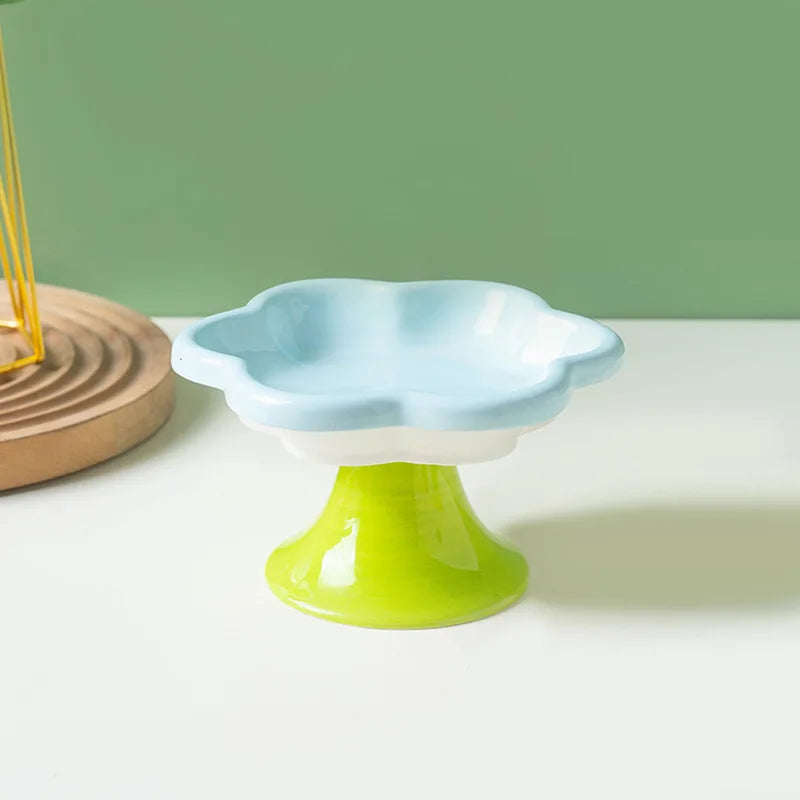 Ceramic Flower Raised Cat Bowl with Stand