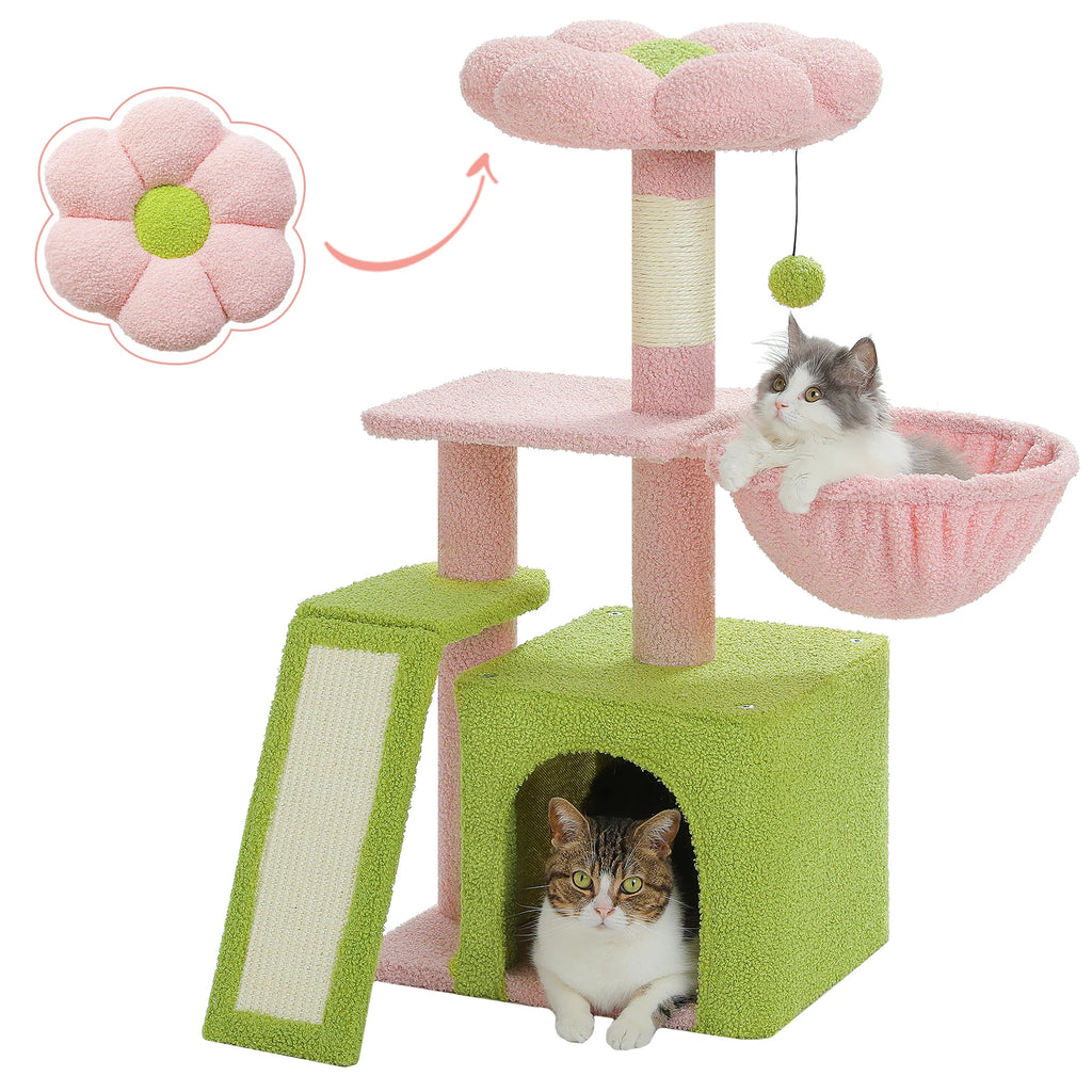 Small Cat Tree Tower with Sisal Scratching Ramp, Condo, Hammock & Top Perch