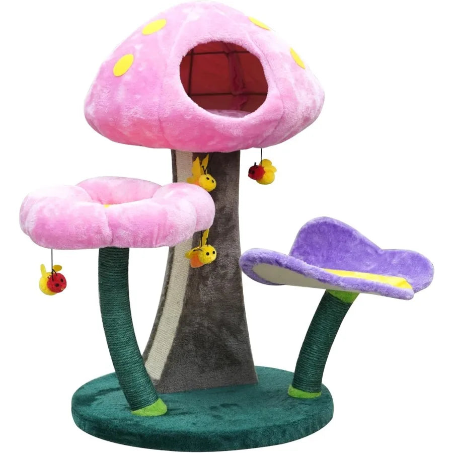 Wonderland Mushroom Cat Tree (31") – 3-Level Tower w/ Mushroom Condo, Flower Perch, Sisal Scratching Pad & Hanging Bee Toy