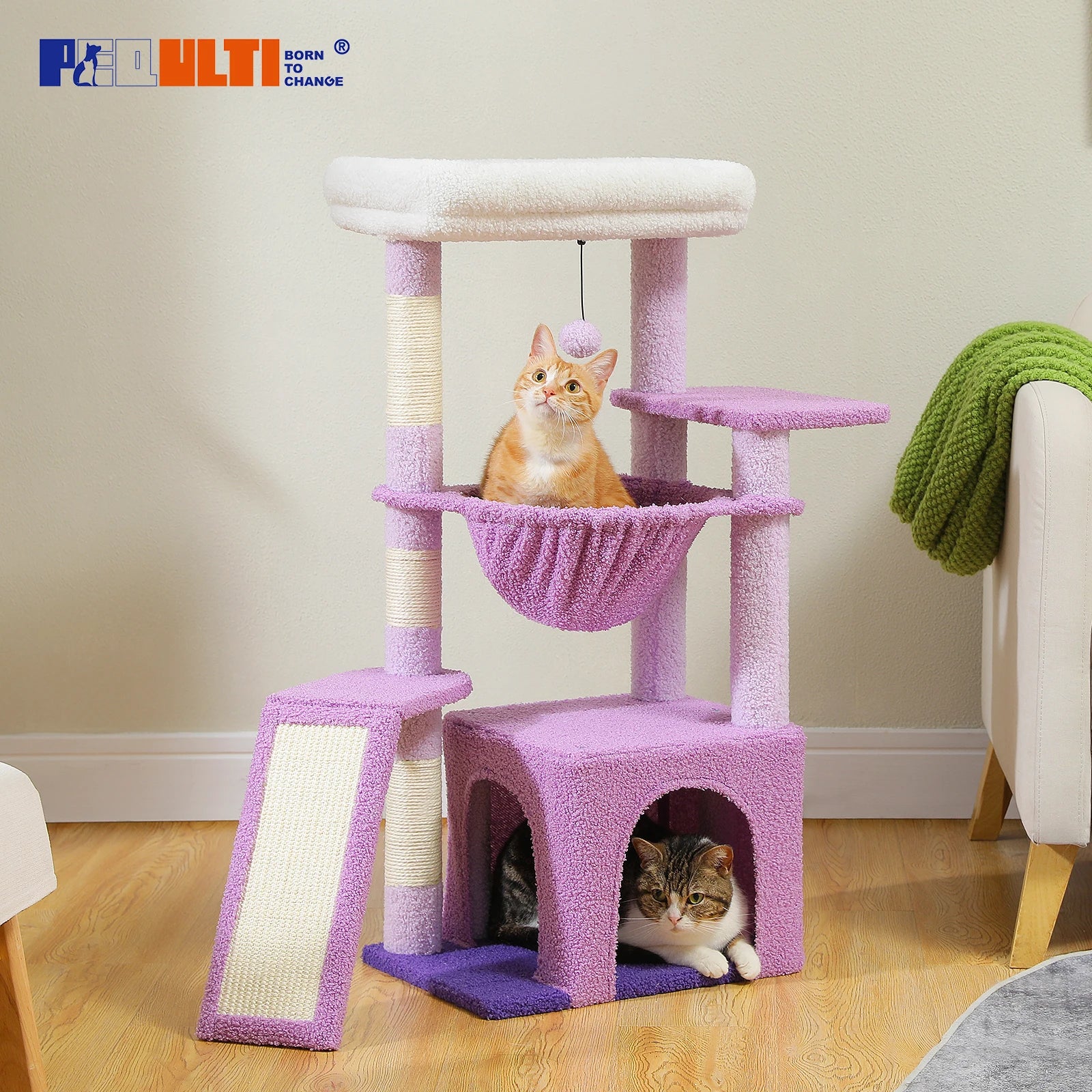 Small Cat Tree Tower with Sisal Scratching Ramp, Condo, Hammock & Top Perch