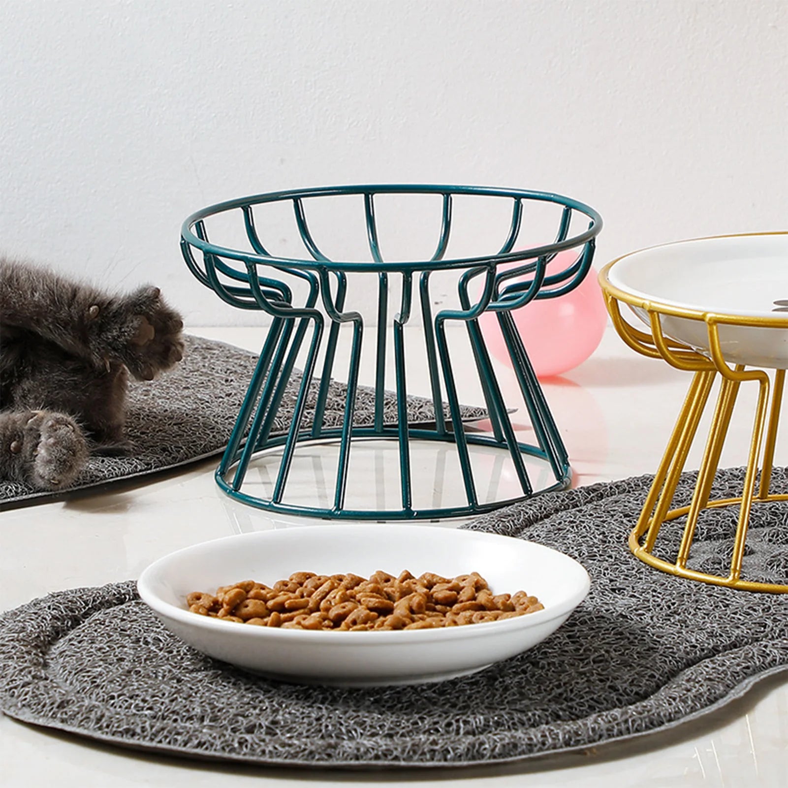 Wide Ceramic Whisker-Friendly Cat Bowl with Iron Stand