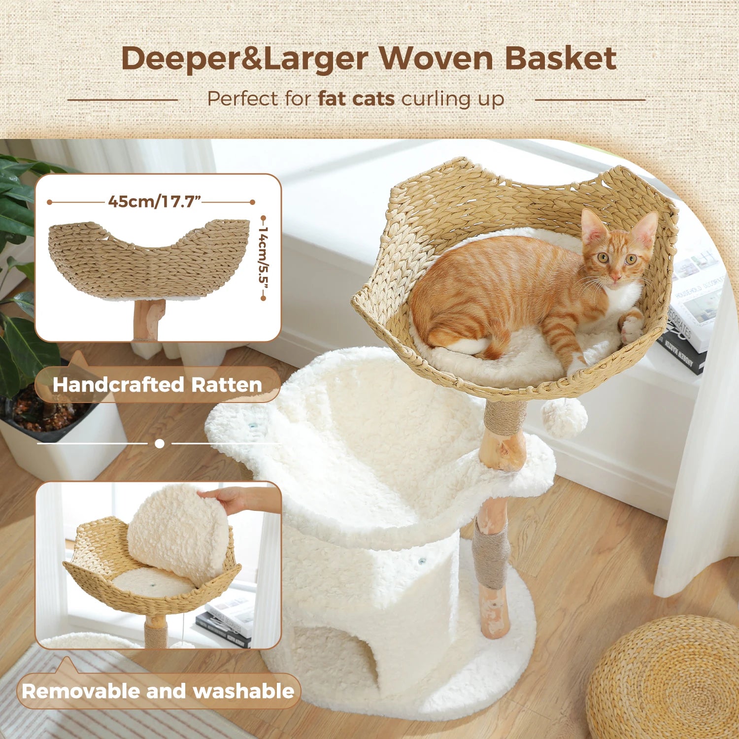 Modern Natural Wood Cat Tree with Wicker Basket & Deep Hammock – Luxury Indoor Cat Tower with Spacious Condo