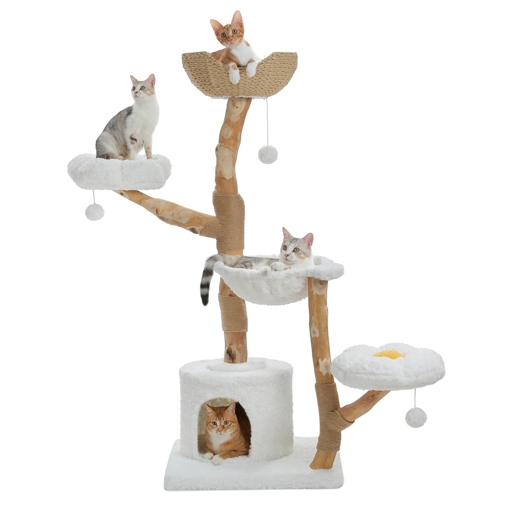 Luxury Multi-Level Flower Cat Tree Tower with Wicker Basket Bed & Solid Wood Scratching Posts
