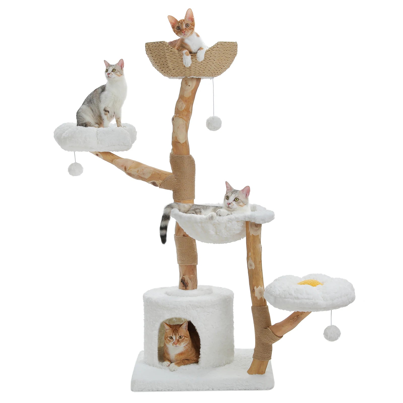 Luxury Multi-Level Flower Cat Tree Tower with Wicker Basket Bed & Solid Wood Scratching Posts