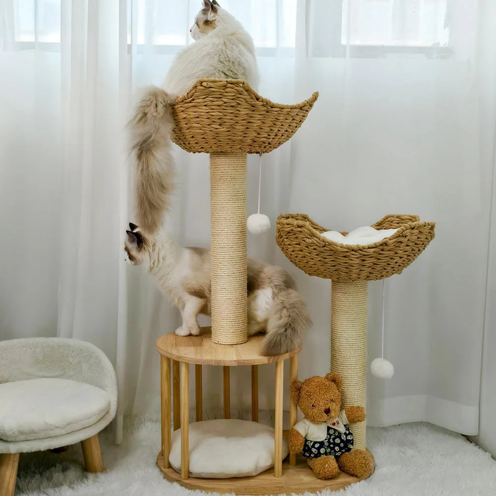 3-Tier Natural Wood Climbing & Rest Tower for Indoor Cats