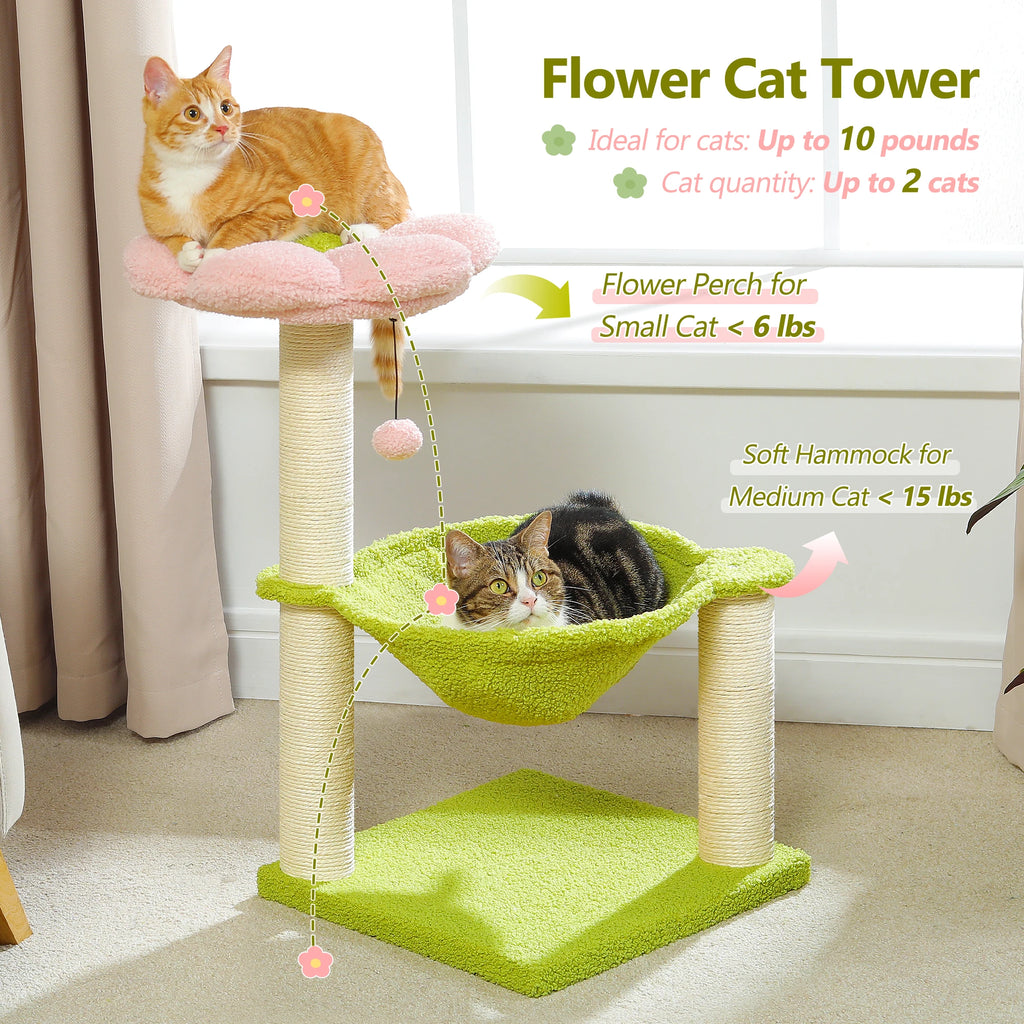 Flower Cat Tree with Sisal Scratching Posts & Large Hammock – Compact Indoor Cat Tower with Soft Top Perch for Kittens