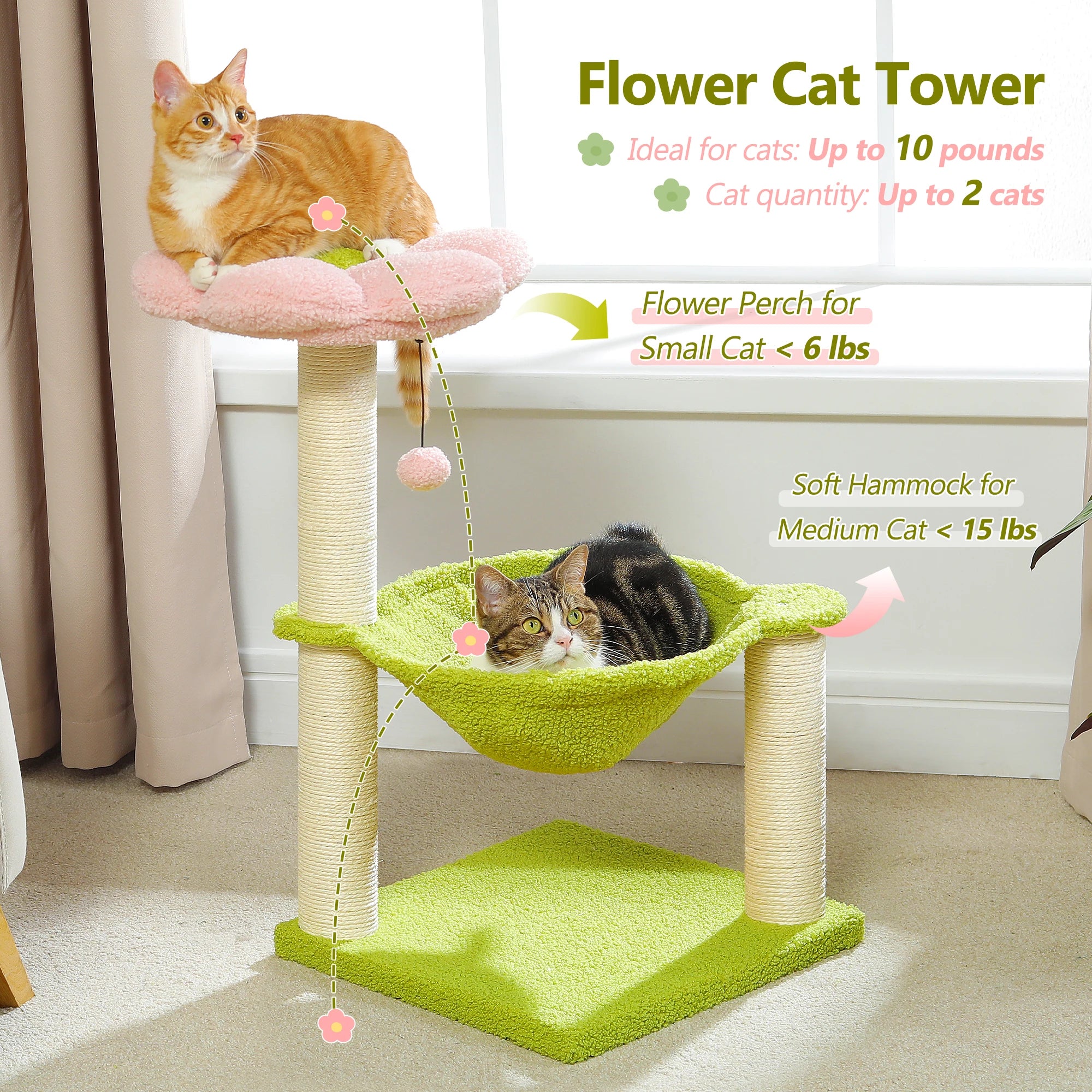 Flower Cat Tree with Sisal Scratching Posts & Large Hammock – Compact Indoor Cat Tower with Soft Top Perch for Kittens