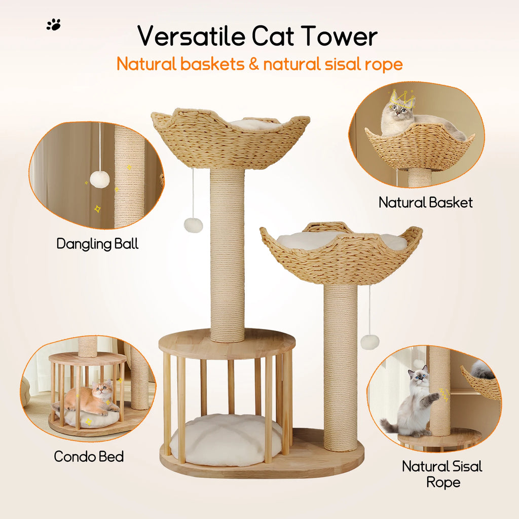 3-Tier Natural Wood Climbing & Rest Tower for Indoor Cats