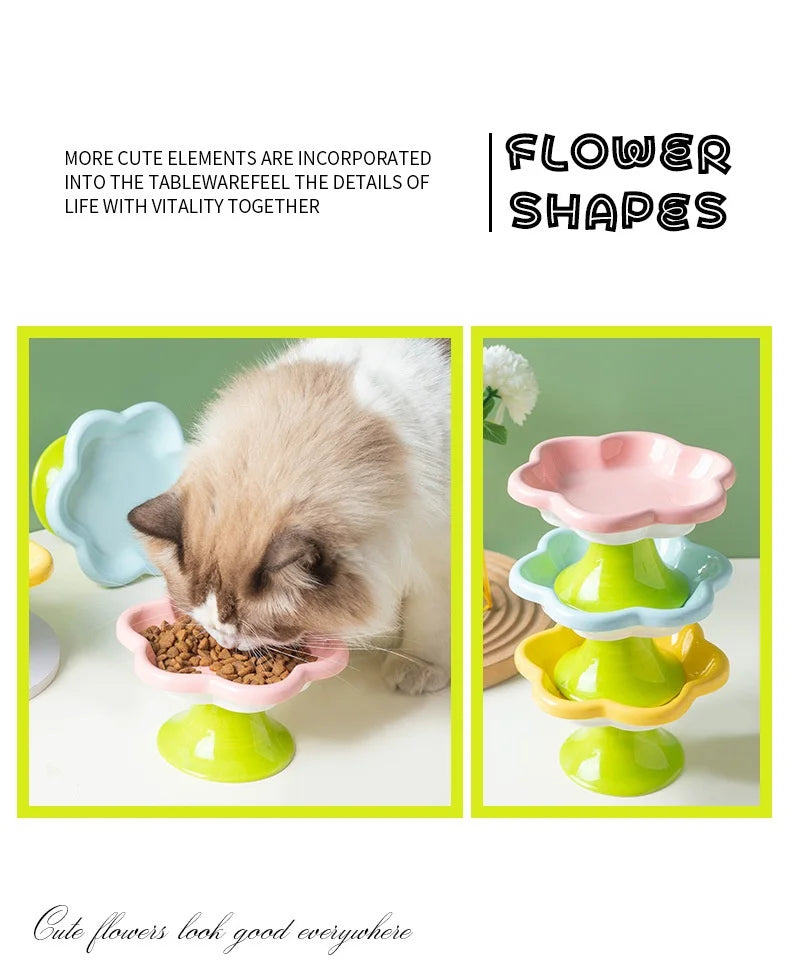 Ceramic Flower Raised Cat Bowl with Stand