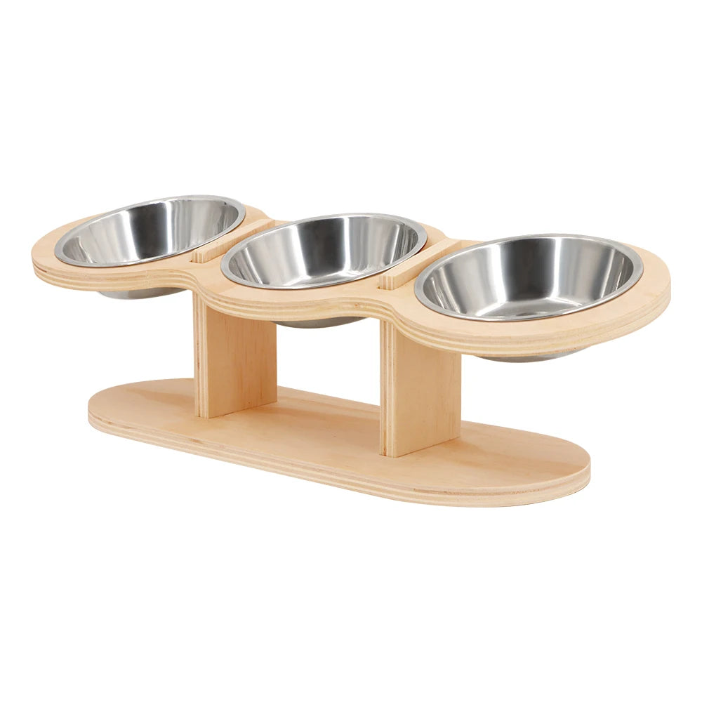15° Tilted Raised Triple Cat Feeder with Stainless Steel Bowls & Wooden Stand
