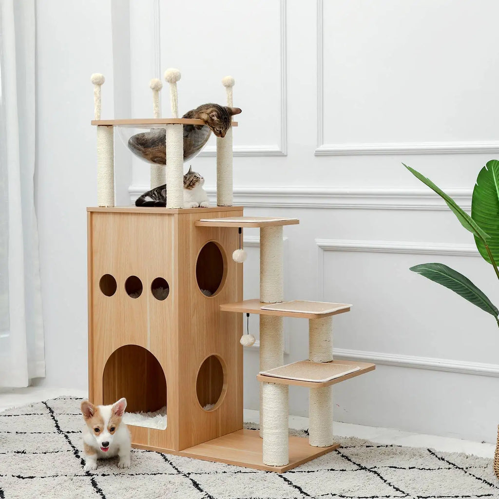 Modern Wood Cat Castle Tree (5+ Levels, Large Condos + Clear Bowl Perch)