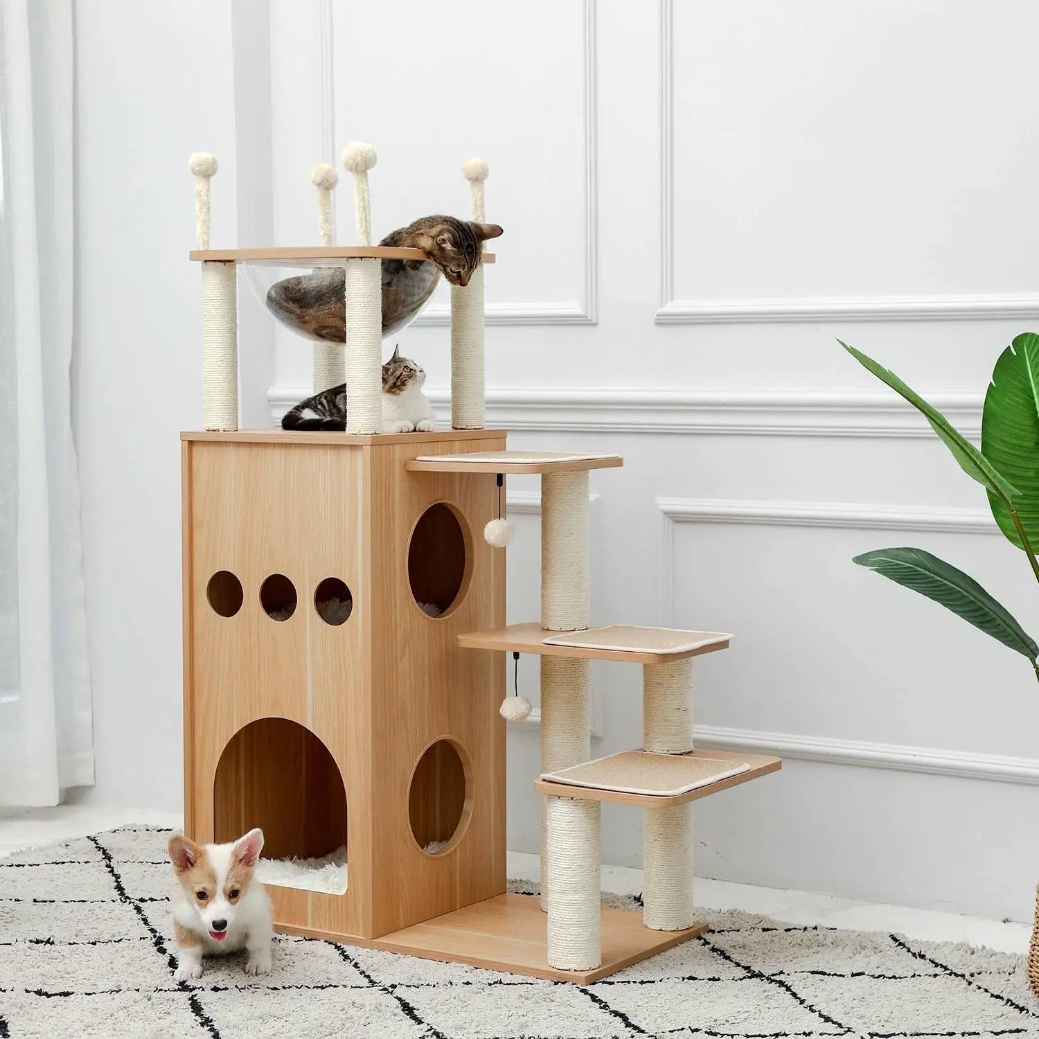 Modern Wood Cat Castle Tree (5+ Levels, Large Condos + Clear Bowl Perch)