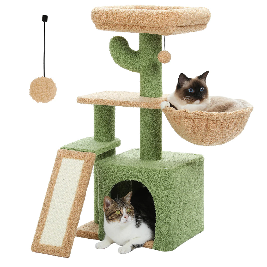 Small Cat Tree Tower with Sisal Scratching Ramp, Condo, Hammock & Top Perch