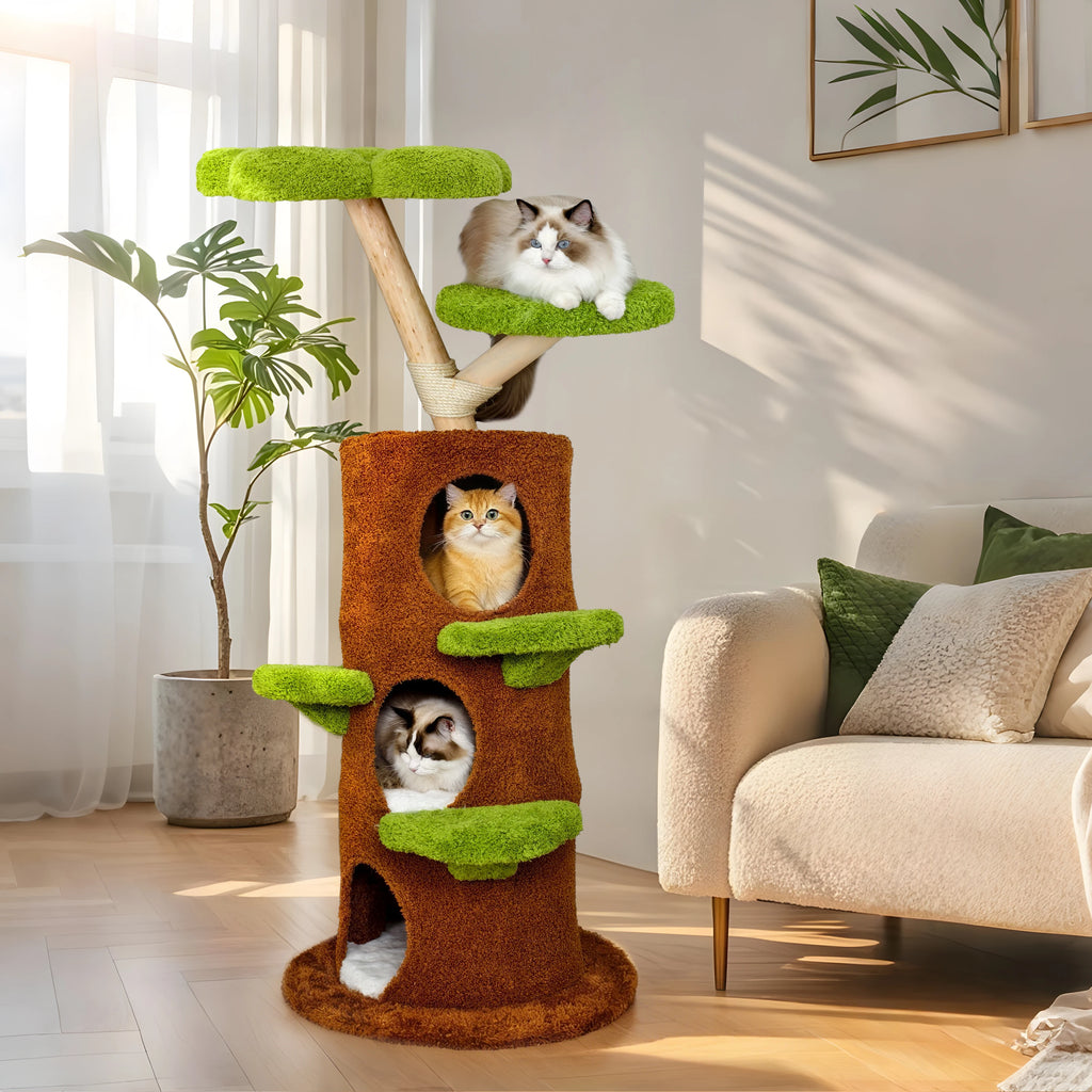 BINGOPAW 58” Tall Cat Activity Tree (Flower Platforms + Plush Condo + Sisal Scratcher)