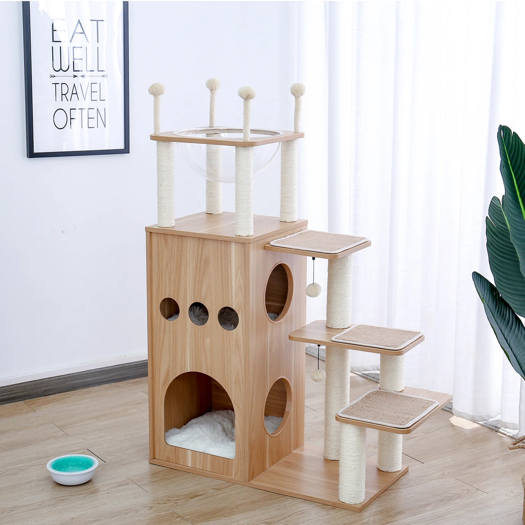 Multi-Level Wooden Cat Tree Tower with Condo, Hammock & Scratching Posts