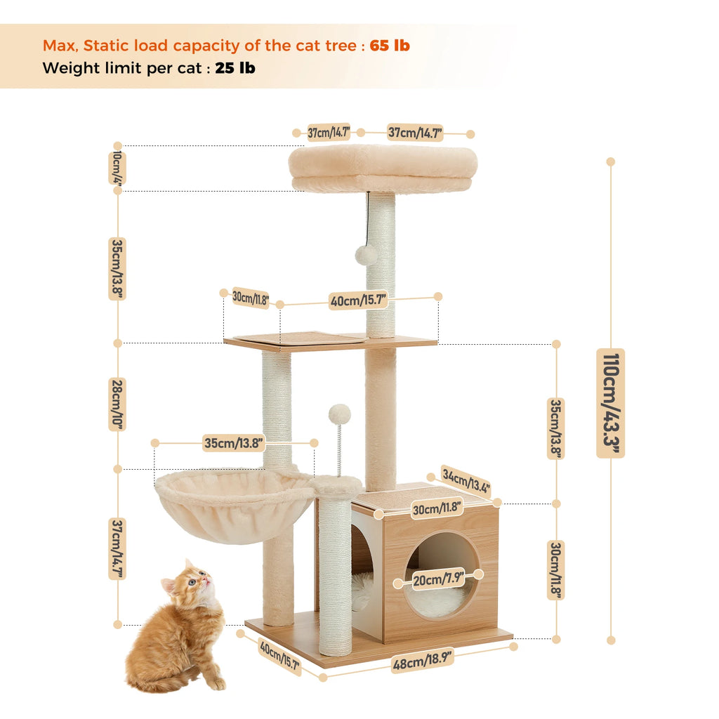 Modern Wooden Cat Tree with Condo, Hammock & Scratching Posts for Indoor Cats