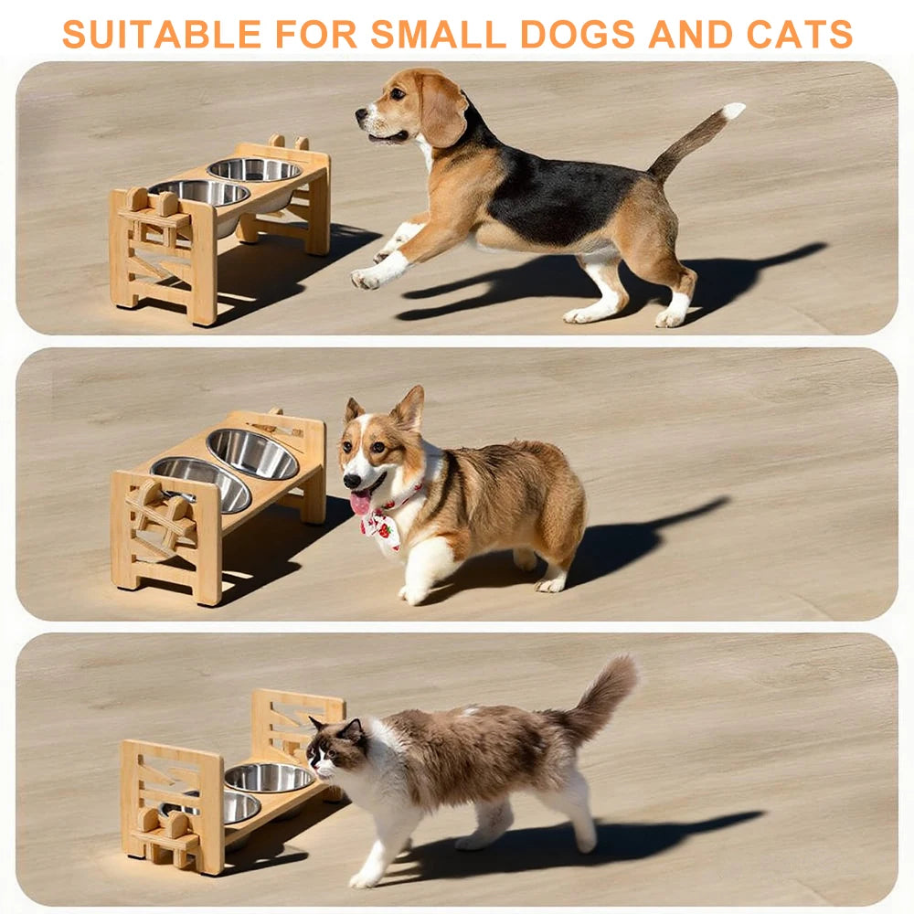 Adjustable Elevated Wooden Pet Bowl Stand with Stainless Steel Bowls