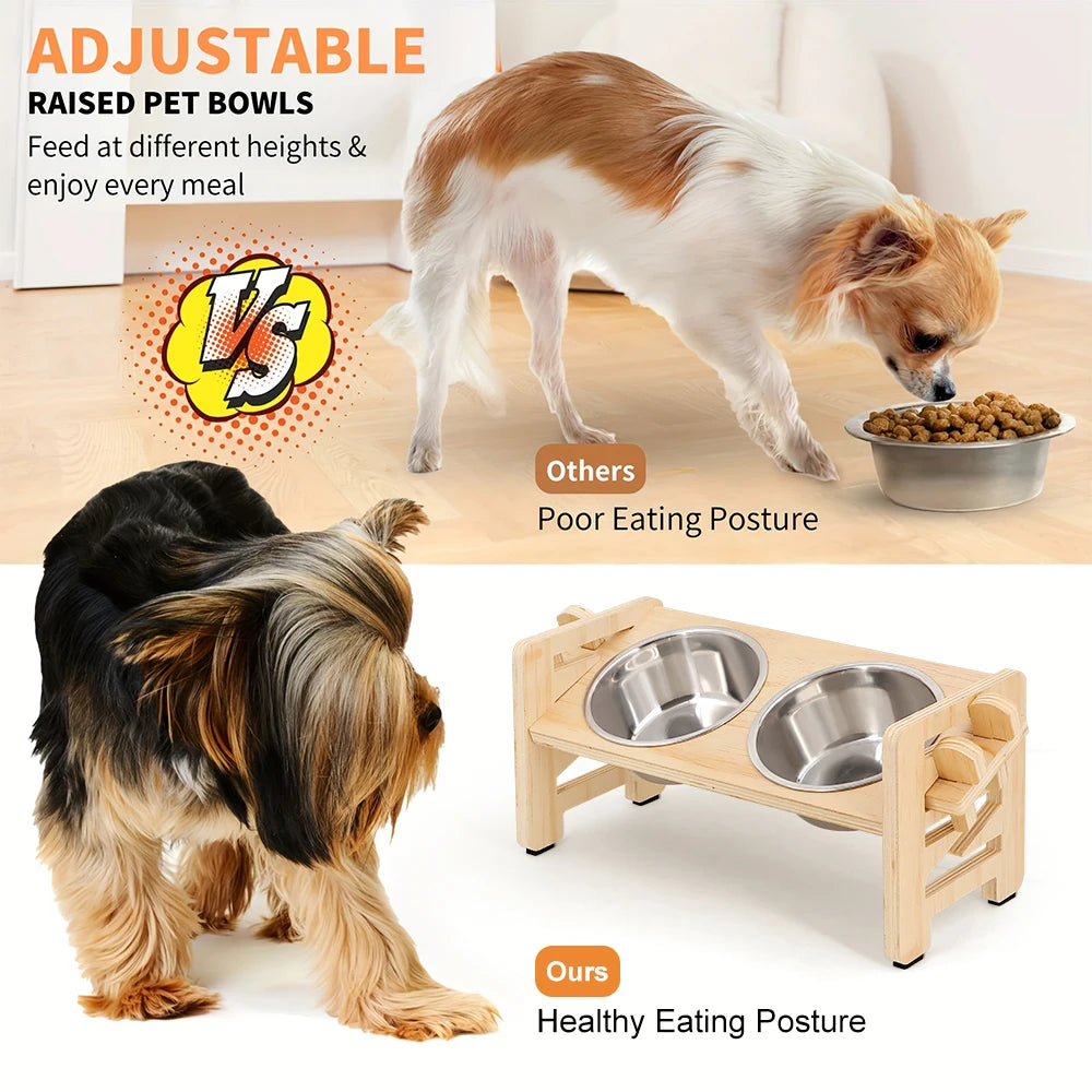 Adjustable Elevated Wooden Pet Bowl Stand with Stainless Steel Bowls