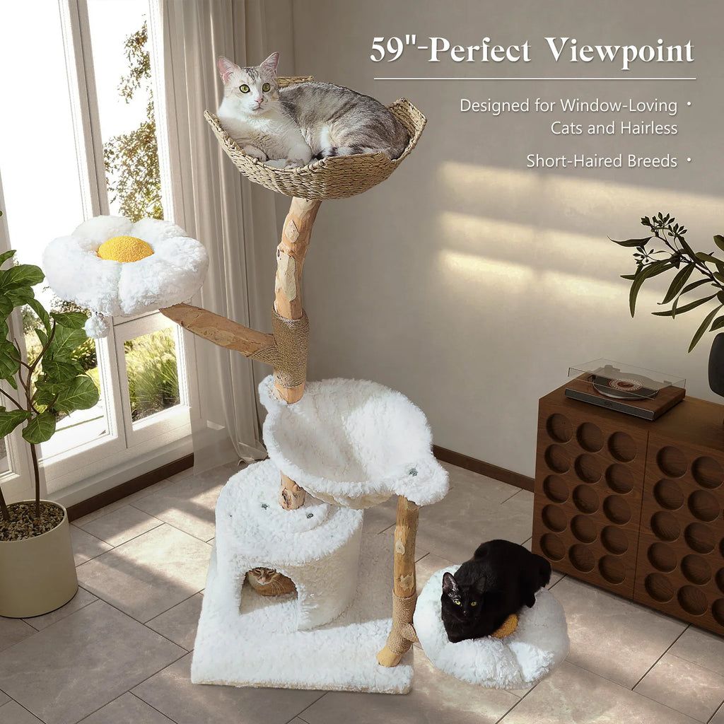 Luxury Multi-Level Flower Cat Tree Tower with Wicker Basket Bed & Solid Wood Scratching Posts